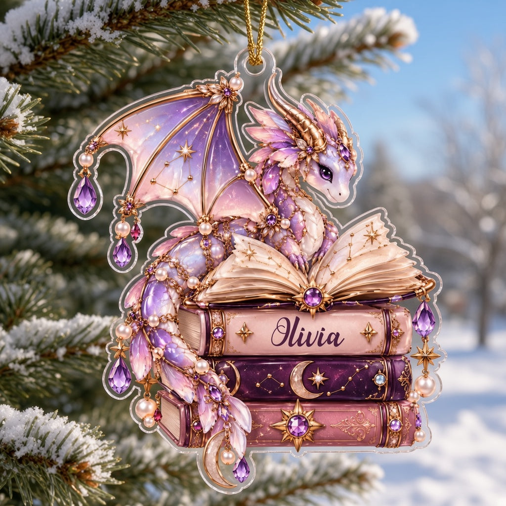 Pastel purple and gold dragon on an open book atop stacked books with jewels and pearls on a clear acrylic ornament.