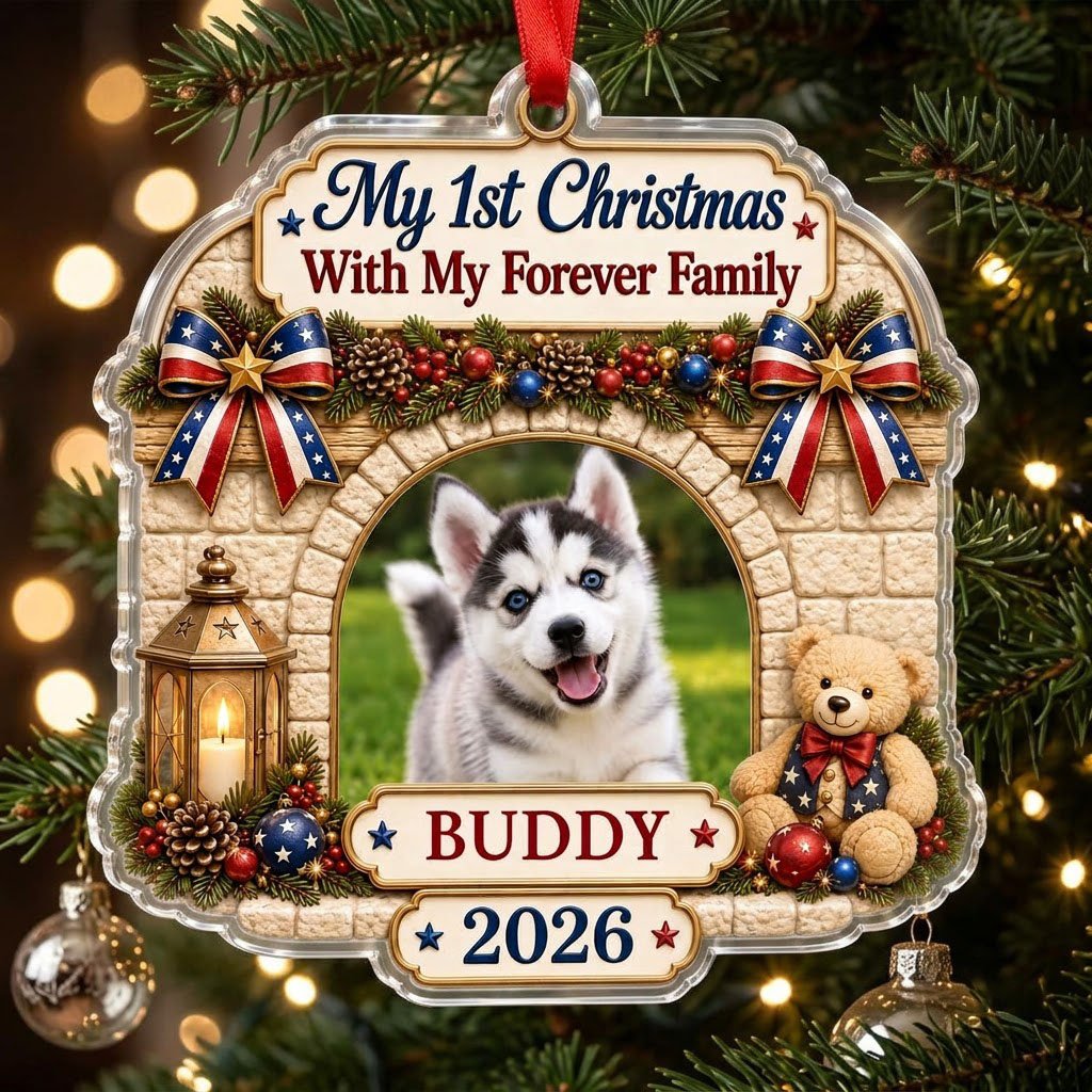 Arched acrylic ornament with stone arch, pine garland, patriotic bows, lantern, teddy bear, and a photo slot.