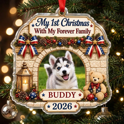 Arched acrylic ornament with stone arch, pine garland, patriotic bows, lantern, teddy bear, and a photo slot.