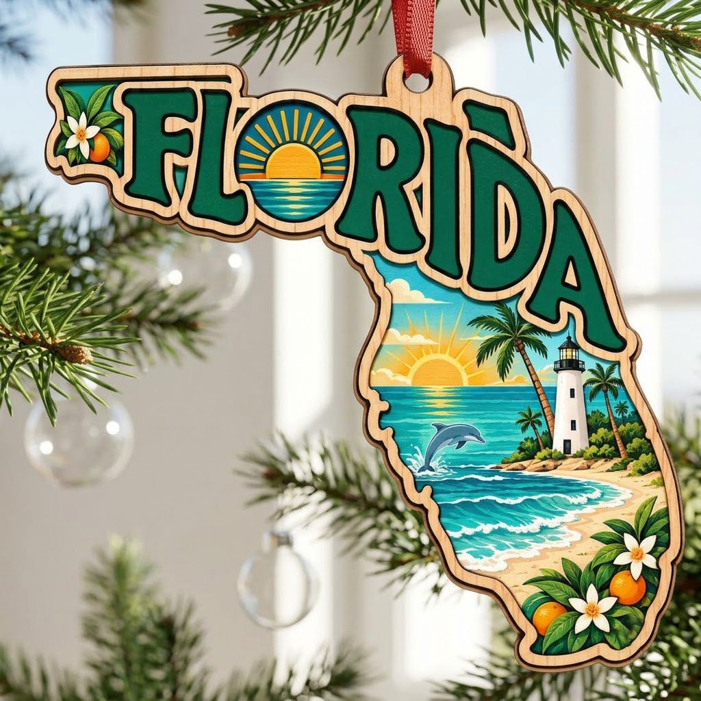 Florida state wood ornament with "FLORIDA", beach waves, dolphin, lighthouse, palm trees, and orange blossoms.
