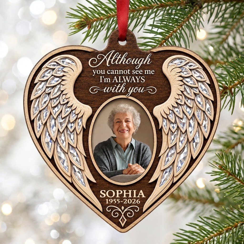Heart wood ornament with angel wings, oval photo, and the quote 'Although you cannot see me I'm ALWAYS with you'.