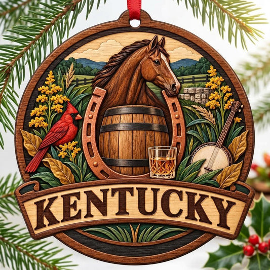 Wood ornament with horse, bourbon barrel, horseshoe, glass, cardinal, banjo, goldenrod, hills, and KENTUCKY text.