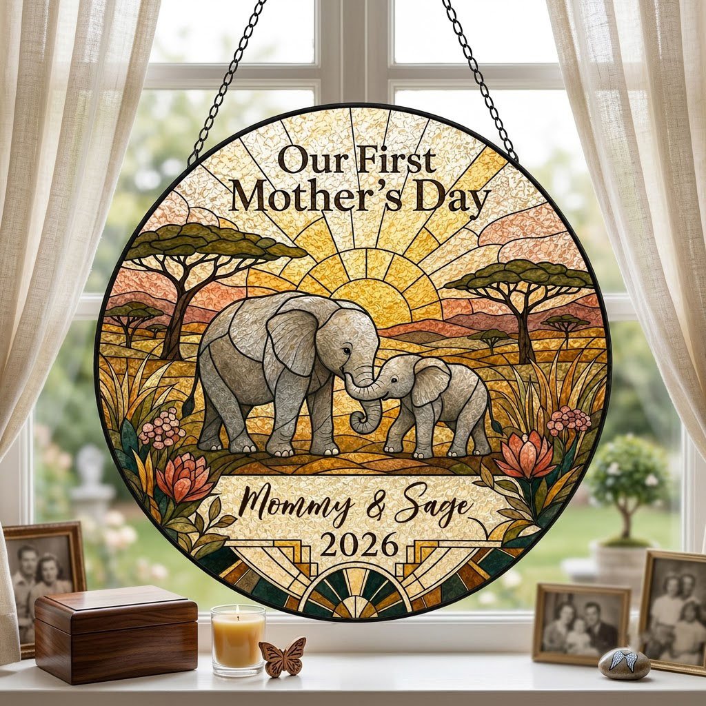 Stained glass-style mother and baby elephants at sunrise with 'Our First Mother's Day' text.