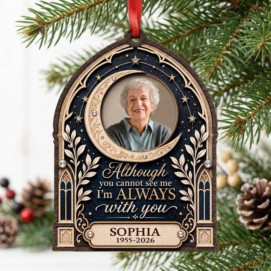 Gothic arch memorial wood ornament with crescent moon photo frame and starry sky with rhinestone accents.