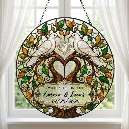 Personalized Wedding Doves & Tree of Life Two Hearts One Life Stained Glass Round Suncatcher