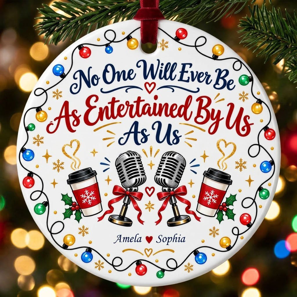 Round ceramic ornament with lights border, two microphones with red bows, and two coffee cups with heart steam.