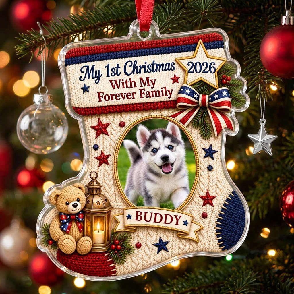 Stocking-shaped acrylic ornament with faux-knit design, pet photo oval, teddy bear, lantern and patriotic bow.