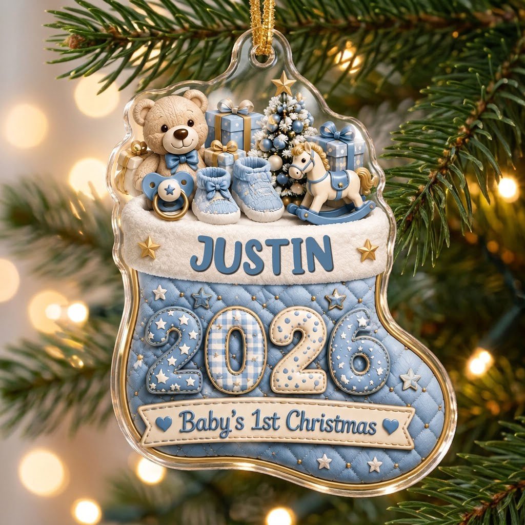 Blue quilted stocking ornament with teddy bear, baby toys, Baby's 1st Christmas text, and name and year.
