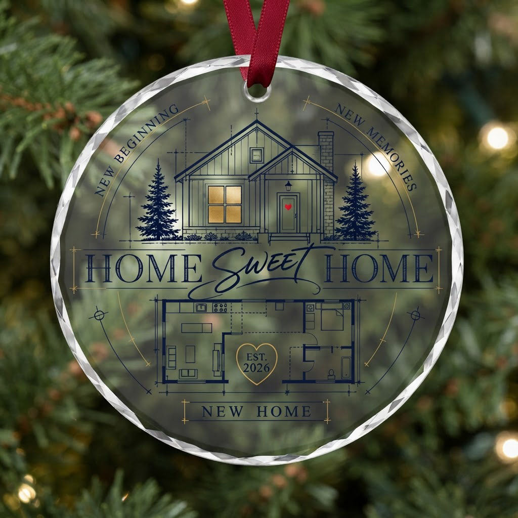 Personalized Home Sweet Home Blueprint Floor Plan Round Glass Ornament