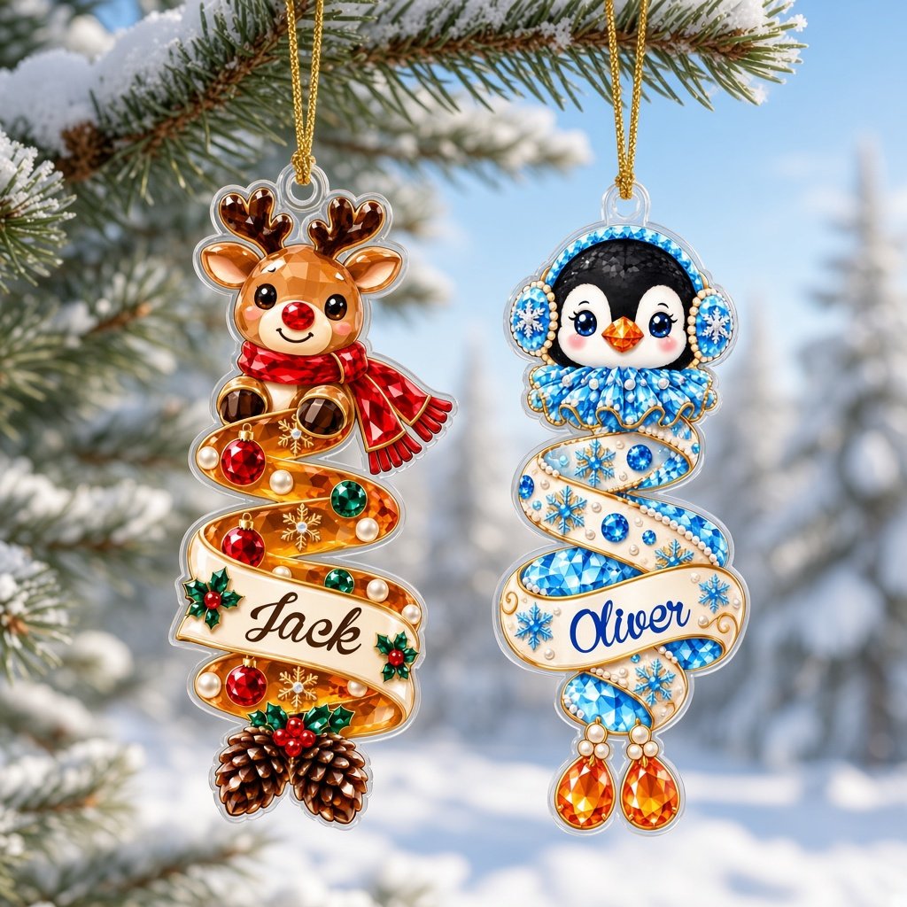 Custom-cut acrylic ornament with a gingerbread man or penguin on spiraling ribbons with a scroll name banner