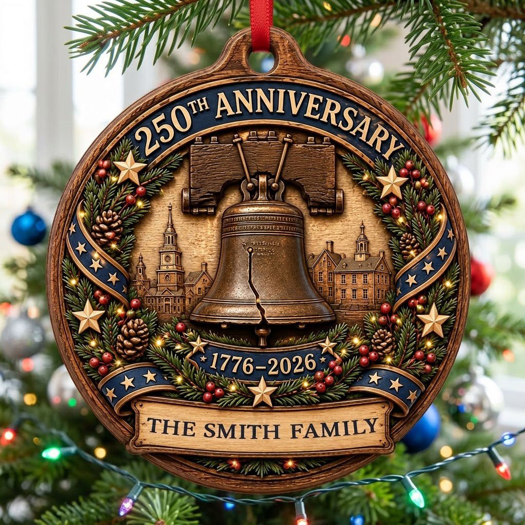 Round wood ornament with Liberty Bell, Independence Hall, pine wreath, gold stars, and a name banner.