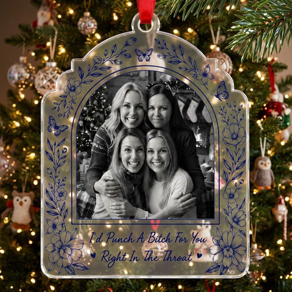 Clear acrylic arch ornament with navy floral border, butterflies, bold quote and a black-and-white friends photo.