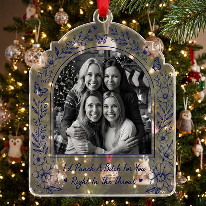 Clear acrylic arch ornament with navy floral border, butterflies, bold quote and a black-and-white friends photo.