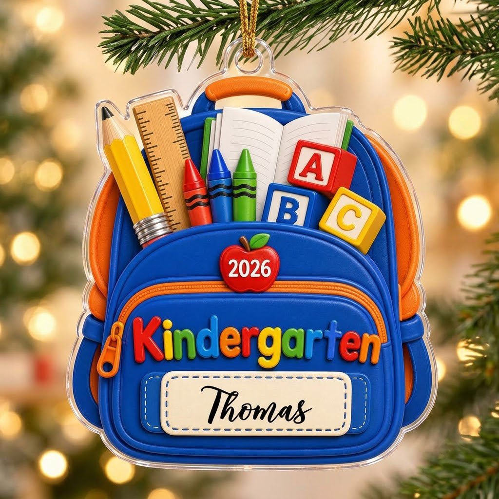 Acrylic ornament cut as a blue and orange school backpack with ABC blocks, 2026, Kindergarten, and a personalized name l