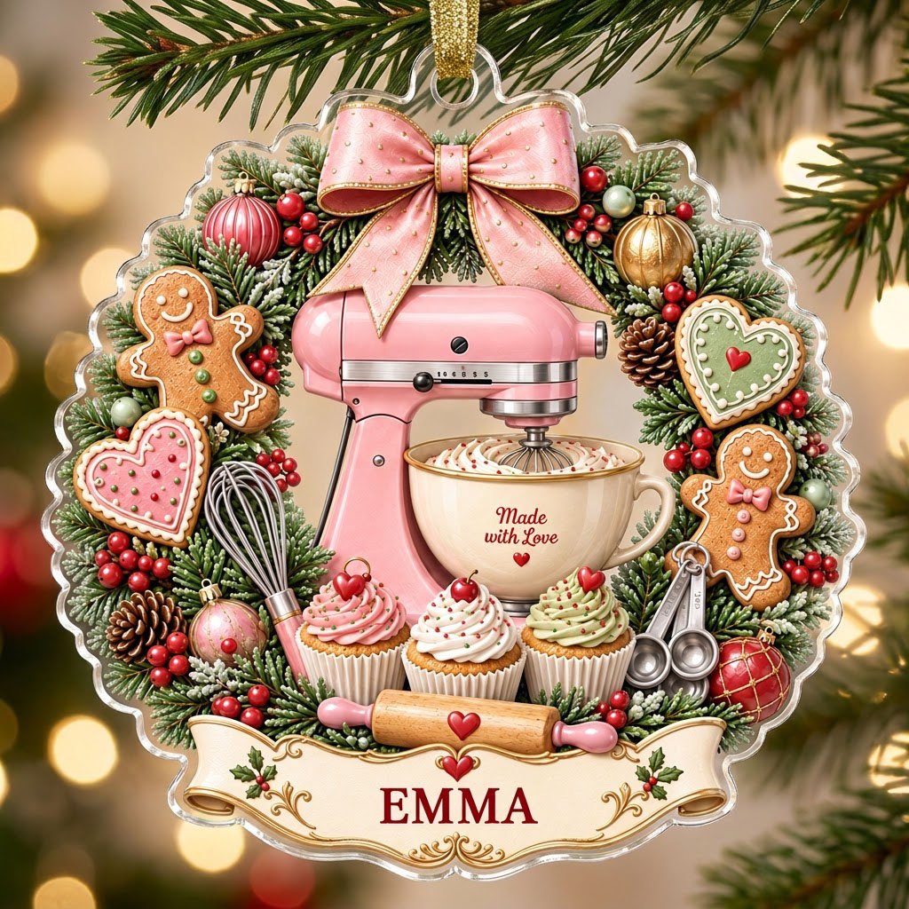 Scalloped clear acrylic ornament with a pink mixer in a Christmas baking wreath and a Made with Love banner.