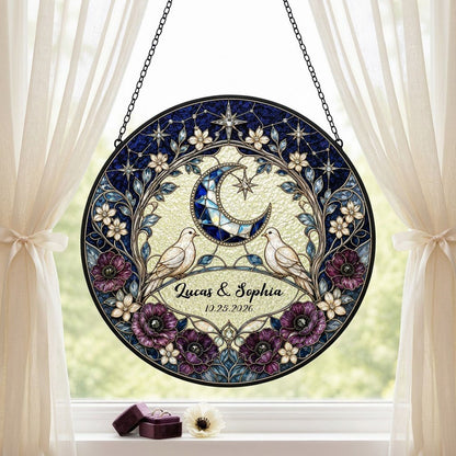 Personalized Celestial Doves & Crescent Moon Purple Floral Stained Glass Round Suncatcher