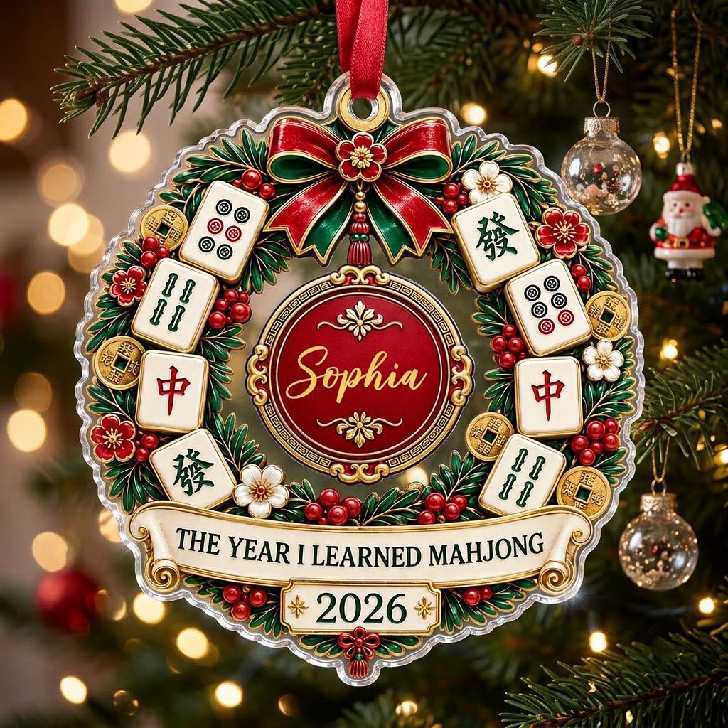 A clear acrylic wreath ornament with Mahjong tiles, red bow, gold coins, and the text THE YEAR I LEARNED MAHJONG.