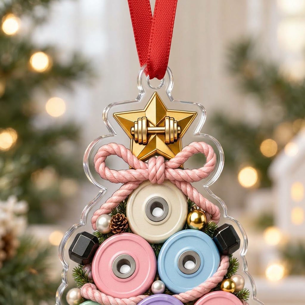 Acrylic Christmas tree ornament of stacked pastel weight plates with a gold star dumbbell and a cream name banner.