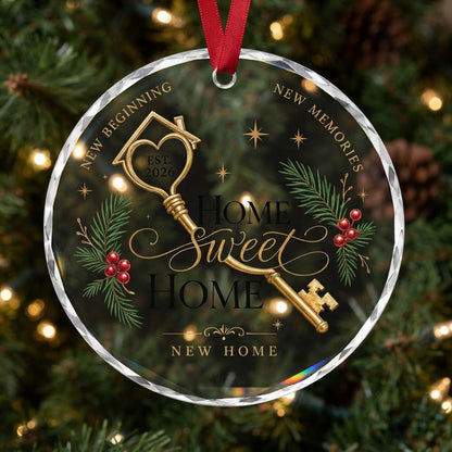Personalized Home Sweet Home Golden Key Round Glass Ornament