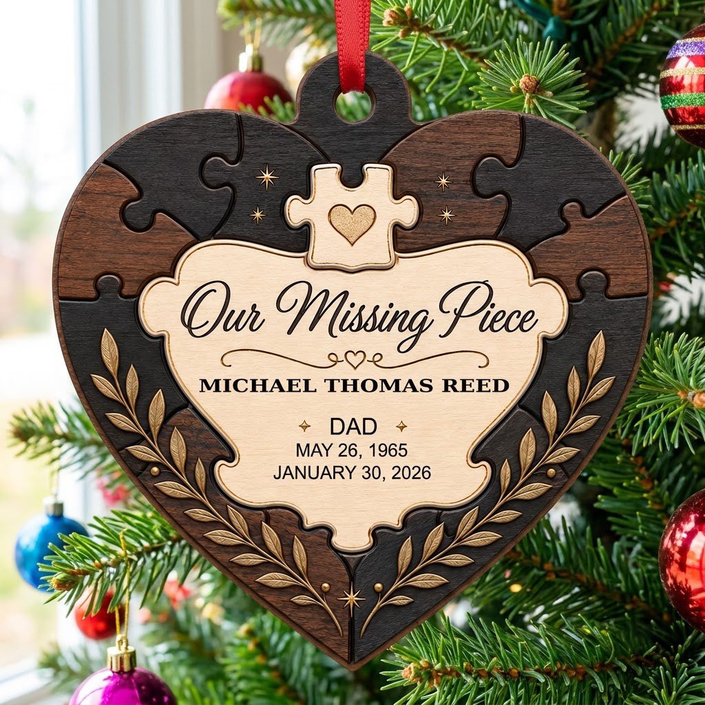 Heart wood ornament with puzzle-piece frame, Our Missing Piece title, laurel accents, personalized with name and dates.