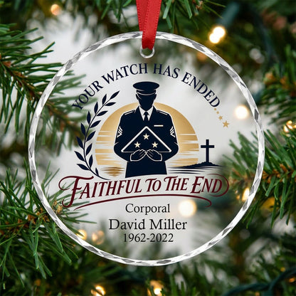 Round glass ornament with officer silhouette holding a folded flag, golden sunset, cross, and the words YOUR WATCH HAS E