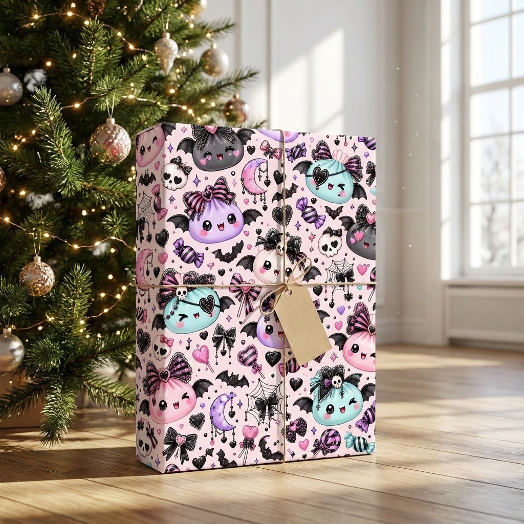 Pastel goth Halloween wrapping paper with cute bat-winged characters, skulls, moons, bows and candies.