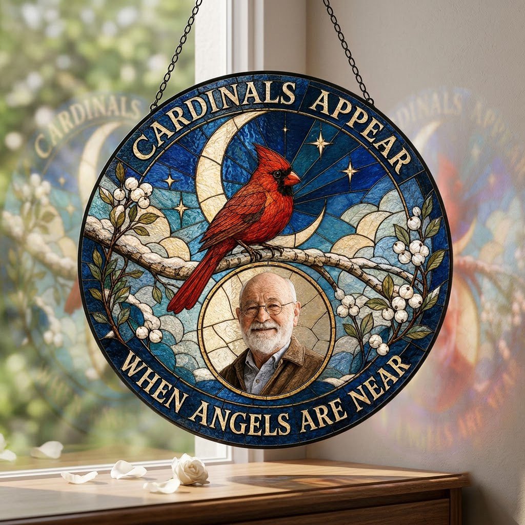 Round stained-glass style suncatcher with a red cardinal, starry blue sky, crescent moon, and a circular frame with a pe