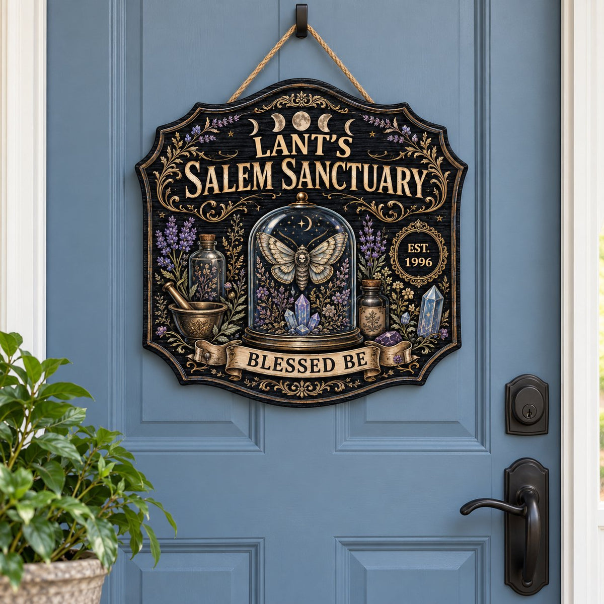 Ornate shield wooden sign with 'Salem Sanctuary,' moon phases, moth, crystals, and personalized name and year.