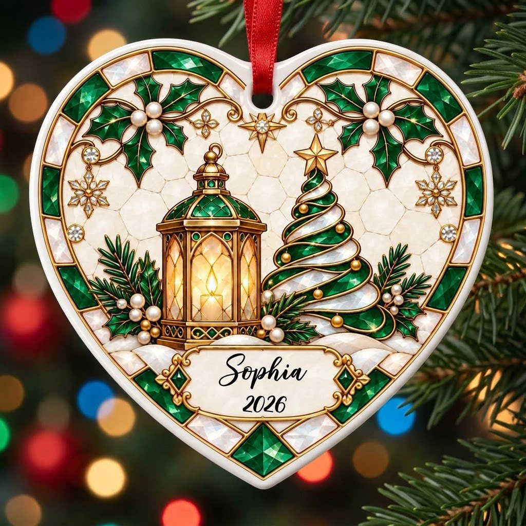 Heart ornament with emerald stained-glass border, gold lantern, spiral tree, holly, and a name-and-year scroll plaque.