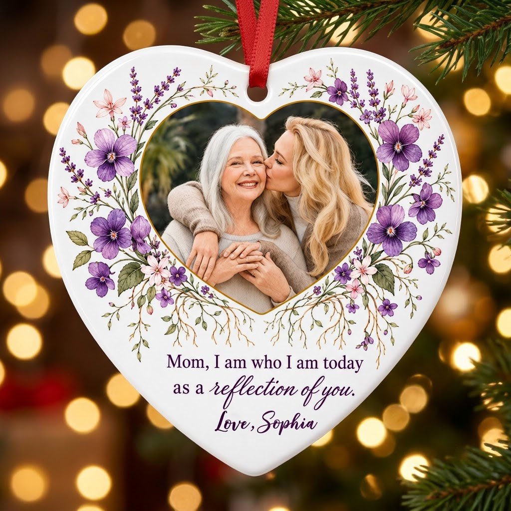Heart ceramic ornament with a gold-edged heart photo and purple watercolor florals around the message for Mom.