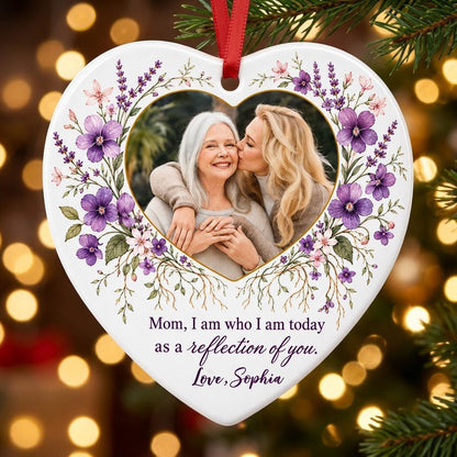 Heart ceramic ornament with a gold-edged heart photo and purple watercolor florals around the message for Mom.