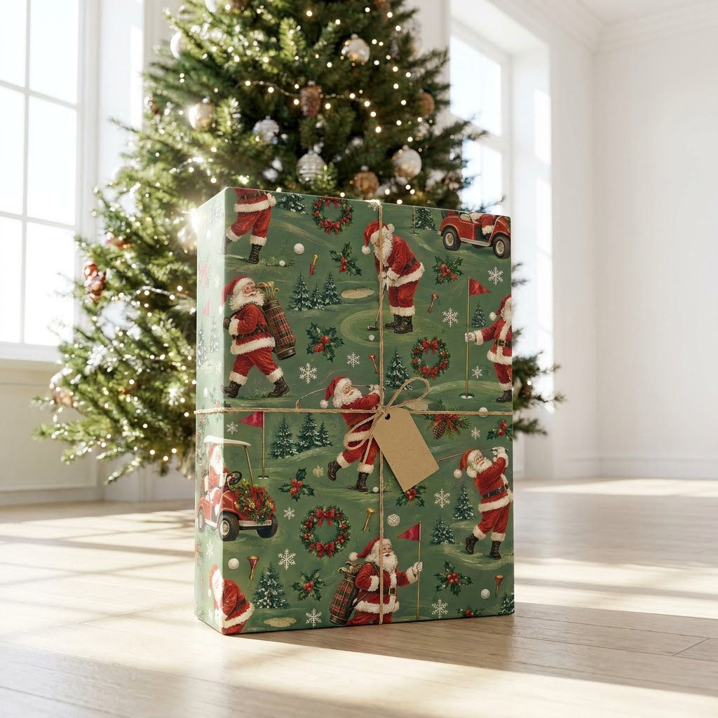 Green golf-themed Christmas wrapping paper with Santa swinging, a red golf cart, flags, balls, pine trees, wreaths and s
