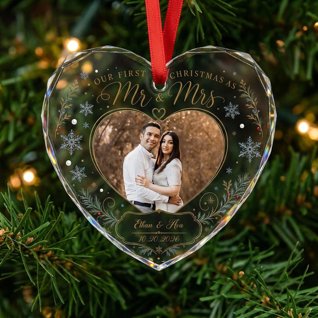 Heart-shaped glass ornament with couple photo, 'Our First Christmas As Mr & Mrs', pine sprigs, berries and gold snowflak
