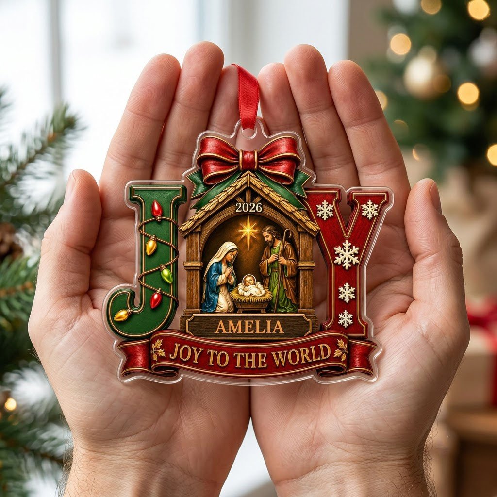 Personalized Nativity Scene JOY Acrylic Ornament, Custom Christian Holy Family Christmas Keepsake