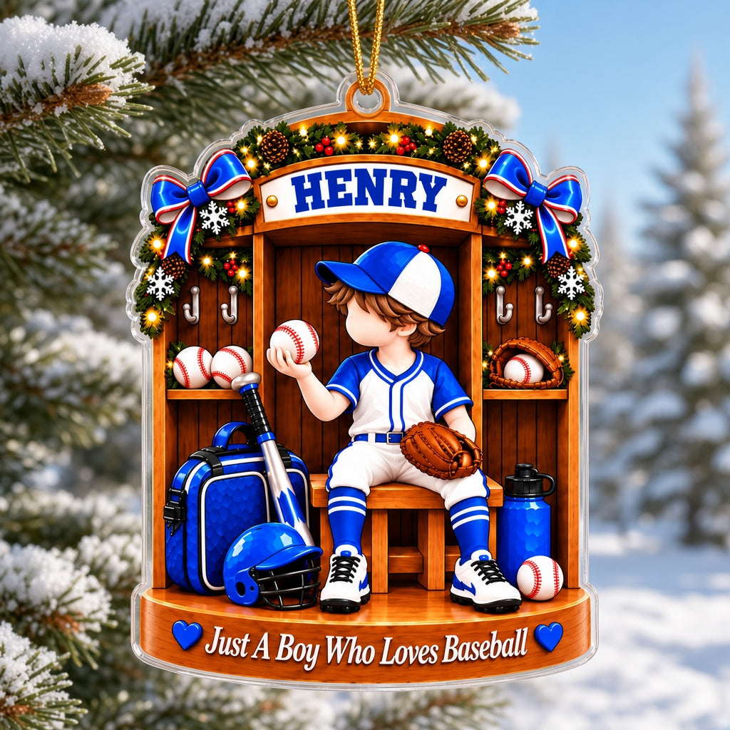 Acrylic ornament of a baseball locker with a boy in uniform and 'Just A Boy Who Lovs Baseball' at the bottom.