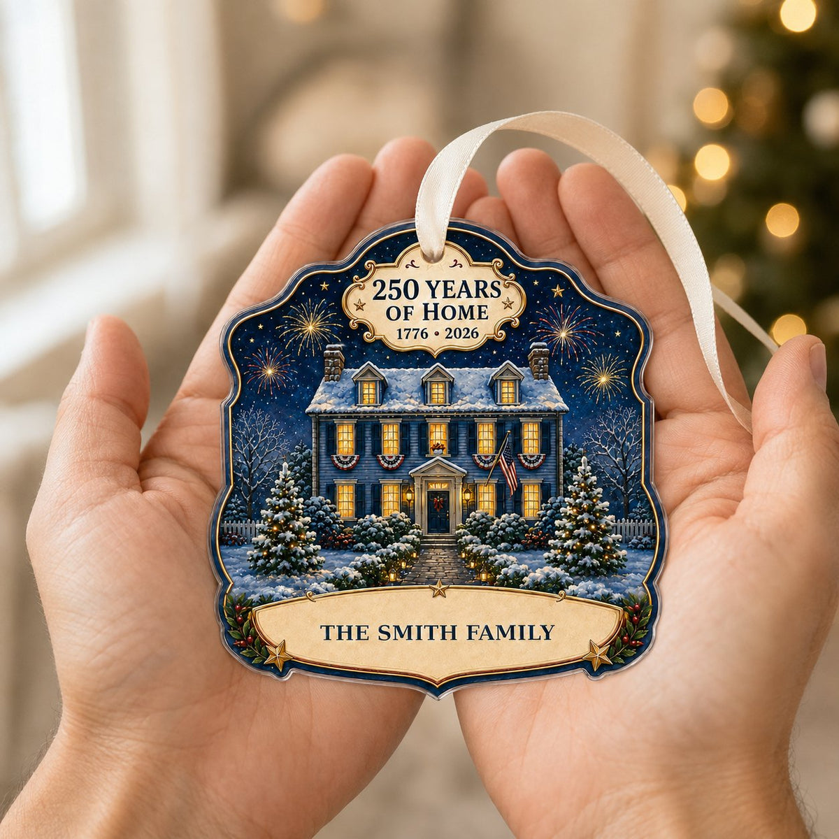 Personalized America 250th Colonial House Acrylic Ornament, Custom Patriotic Holiday Keepsake