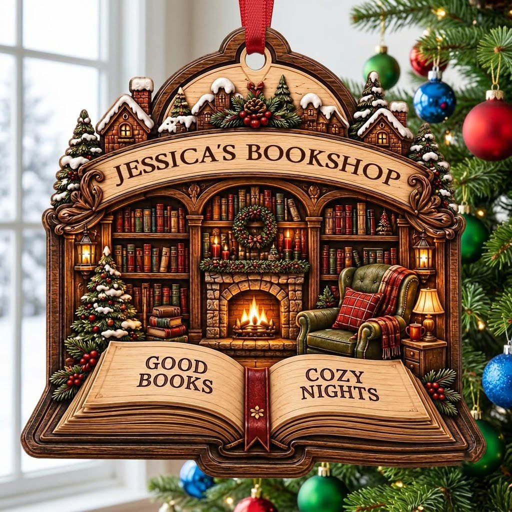 Custom-cut wood ornament with arched loop and open book base, cozy bookshop scene with tree, fireplace, armchair.