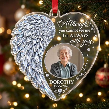 Heart-shaped clear acrylic ornament with crystal-style angel wing, round photo frame, and memorial quote