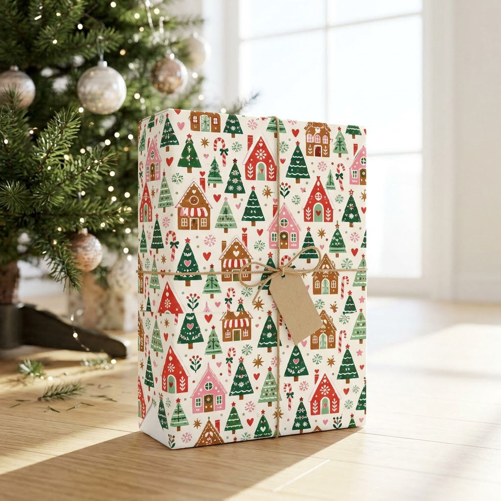 Cream wrapping paper with repeating gingerbread houses, green trees, candy canes, hearts, stars and snowflakes.