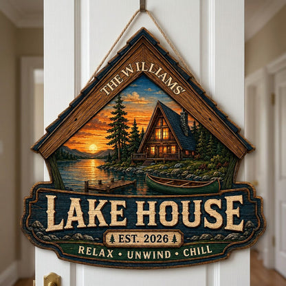 Personalized Lake House Cabin Sunset Wooden Hanging Sign