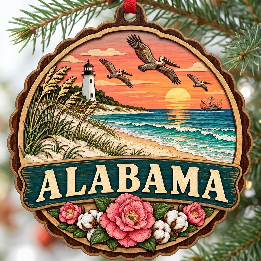 Scalloped wood ornament of an Alabama coastal scene with lighthouse, pelicans, camellias, cotton, and teal banner