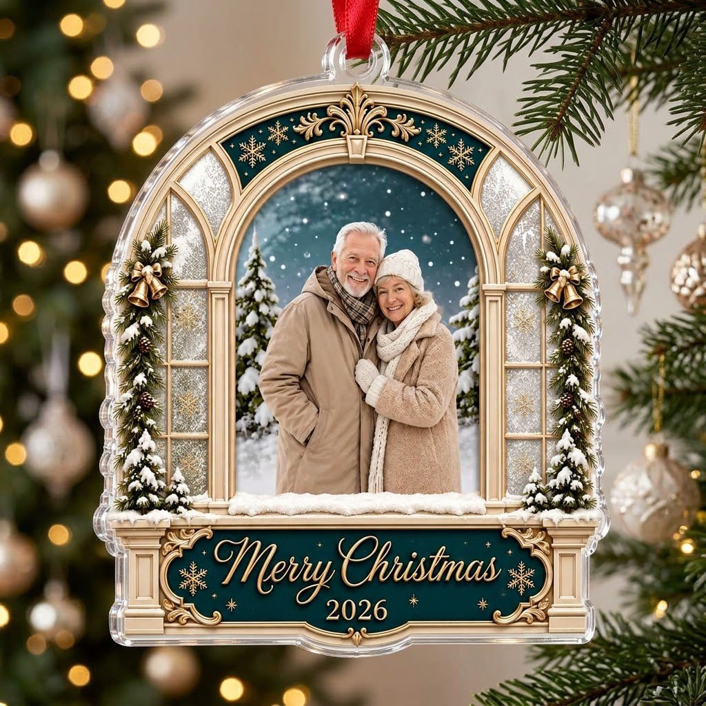 Arched window acrylic ornament with green header, pine garlands, Merry Christmas text, and a center photo window.