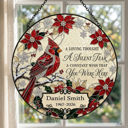 Personalized Red Cardinal Poinsettia A Silent Tear Memorial Stained Glass Round Suncatcher