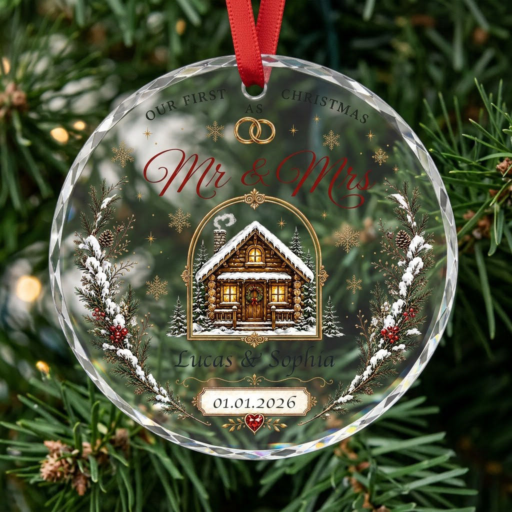 Personalized Our First Christmas as Mr & Mrs Winter Cabin Round Glass Ornament