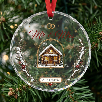 Personalized Our First Christmas as Mr & Mrs Winter Cabin Round Glass Ornament