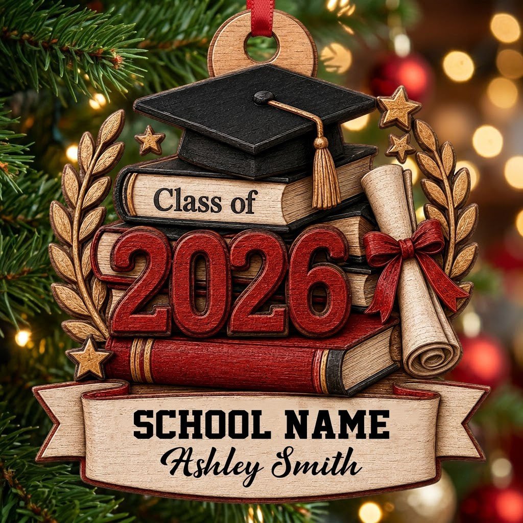 Graduation cap with gold tassel atop books, large 2026 numbers, a red-tied diploma, laurel leaves, stars, and a bottom b