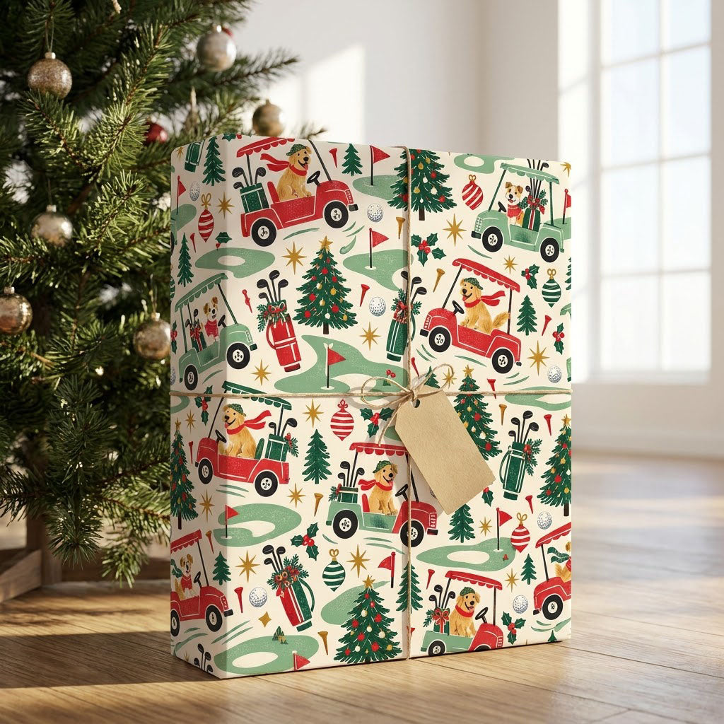 Cream wrapping paper with golden retrievers driving red and green golf carts among Christmas trees and golf icons.