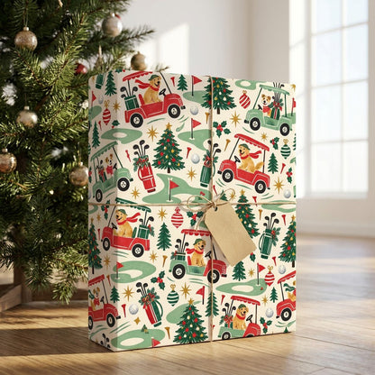 Cream wrapping paper with golden retrievers driving red and green golf carts among Christmas trees and golf icons.