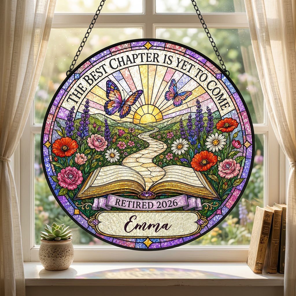 Personalized Retirement Open Book Pathway The Best Chapter Is Yet To Come Stained Glass Round Suncatcher