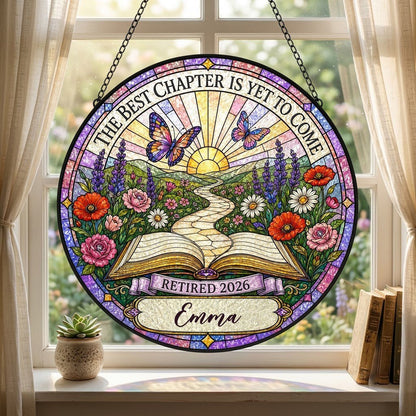Personalized Retirement Open Book Pathway The Best Chapter Is Yet To Come Stained Glass Round Suncatcher